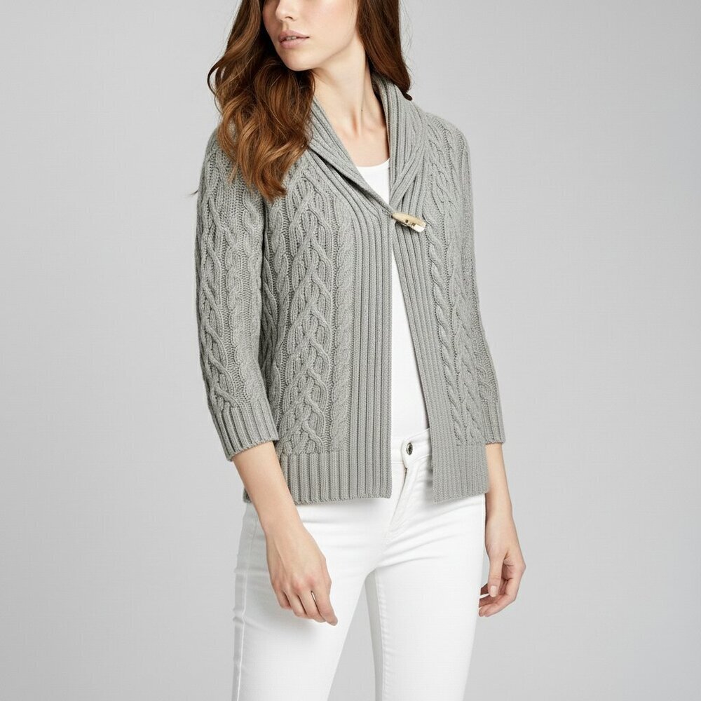 Lauren Ralph Lauren Gray Cable Knit Shawl Collar Cardigan with Toggle Closure M